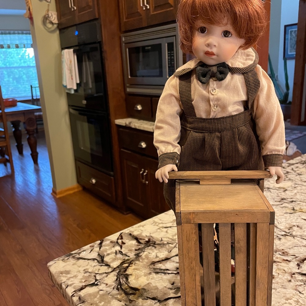Coca Cola Franklin Mint Heirloom Collector Porcelain Doll Danny w/ Wood Scooter